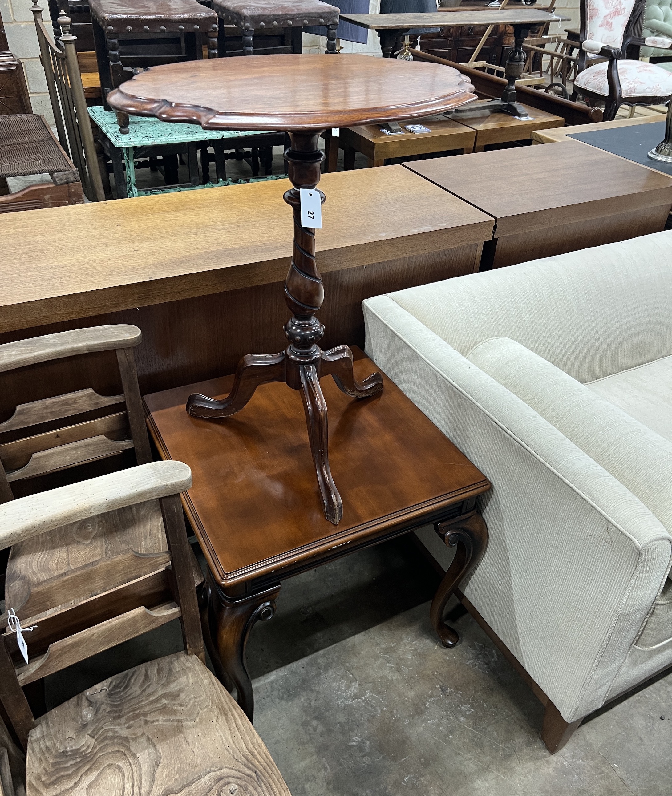 A Victorian walnut oval tripod wine table, width 61cm, depth 45cm, height 73cm and a reproduction square occasional table